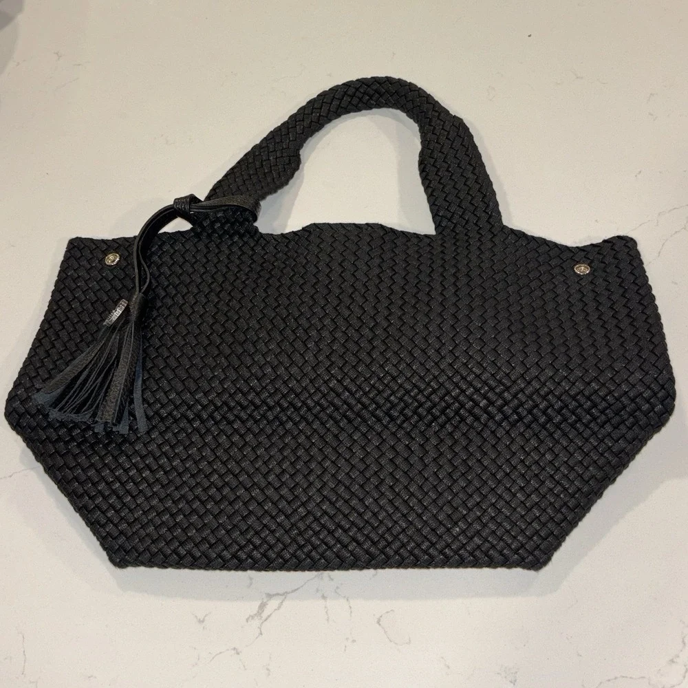 NWOT 120% Lino Italian Black Woven Handbag Mini Tote Logo Tassel
